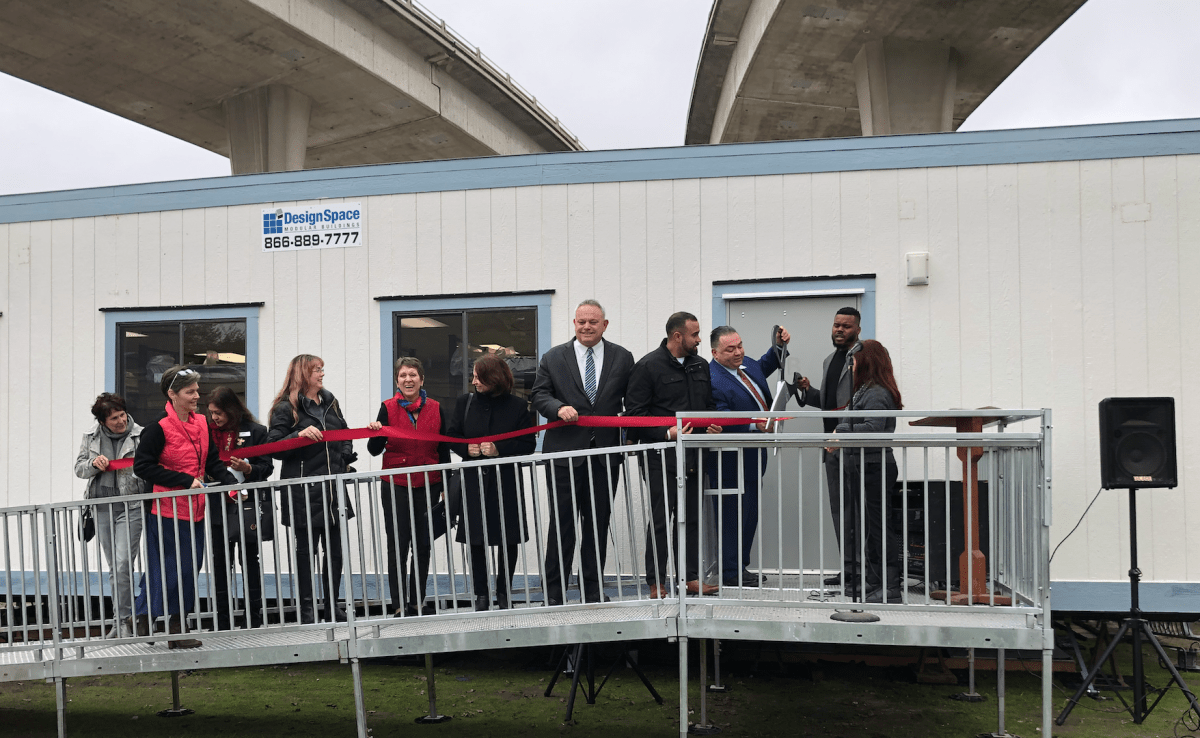 Ribbon cutting ceremony for opening of temporary structure for Stockton Shelter for the Homeless